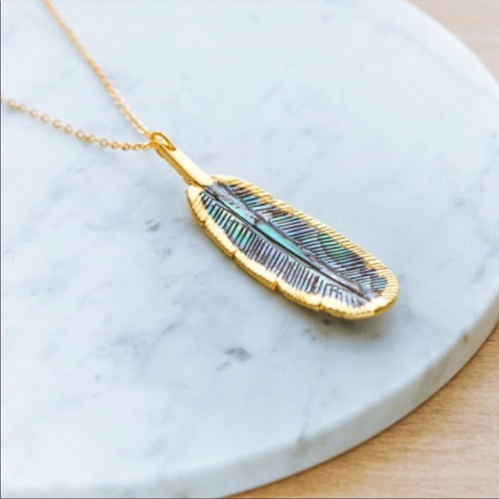 Carved Shell 14K Gold Feather Necklace - Picture 6 of 7